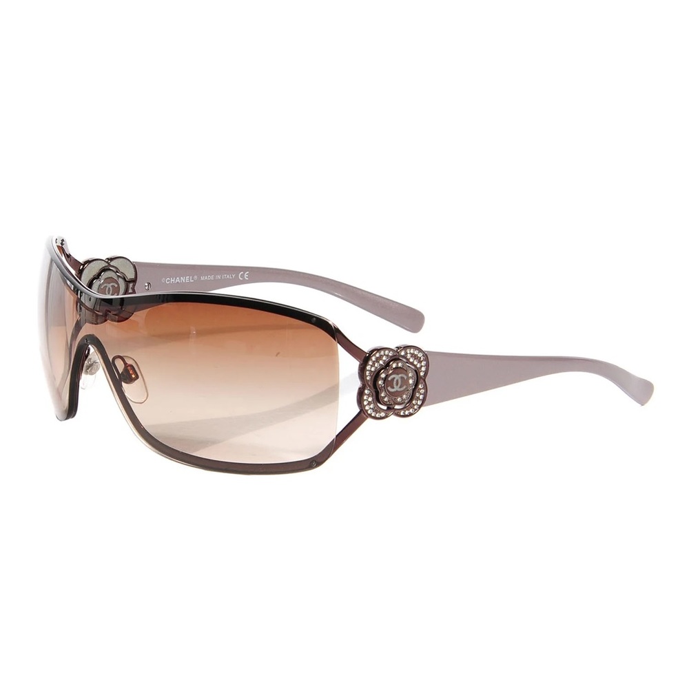 CHANEL Swarovski Crystal Camellia CC Sunglasses Grey Brown Blush